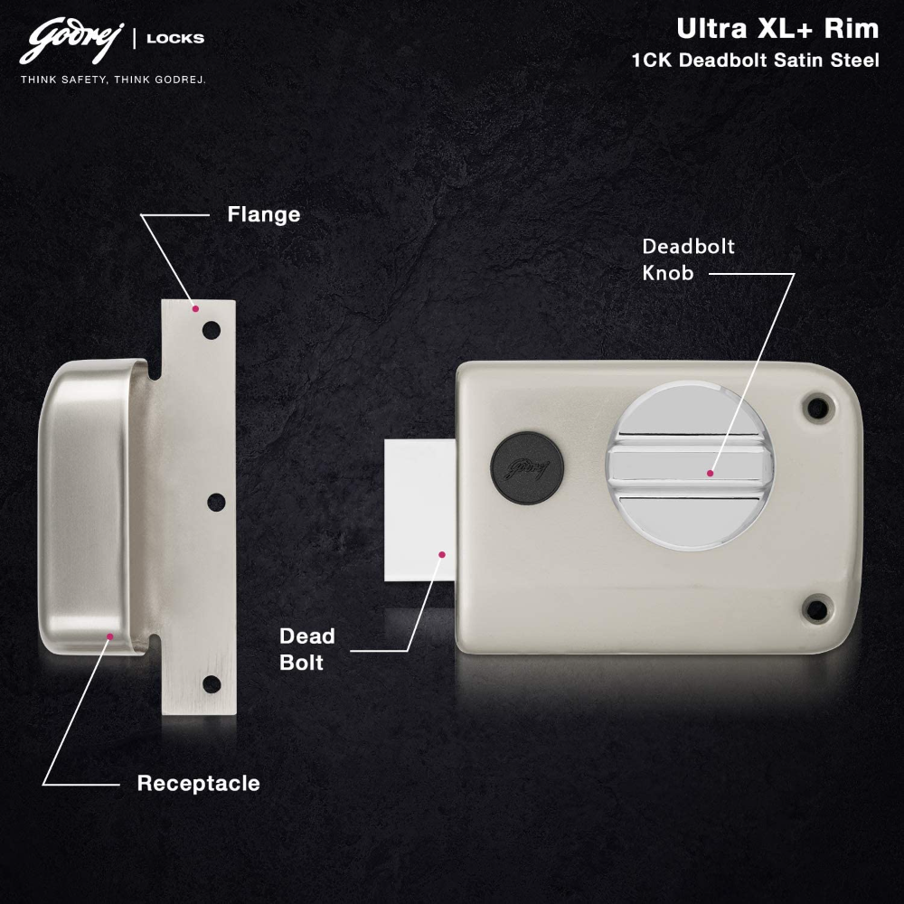 Godrej Rim Lock I Rim Deadbolt Ultra XL Plus I 1CK Deadbolt I For Inside Opening Wooden Main Door | Left or Right Handed Doors I 4 Keys I 5-Year Warranty I Manual Locking I Satin Nickel Finish